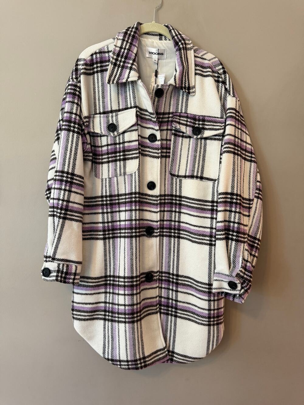 NWT Vigoss Purple/Black/White Plaid Button Down Shirt Jacket Shacket Size M